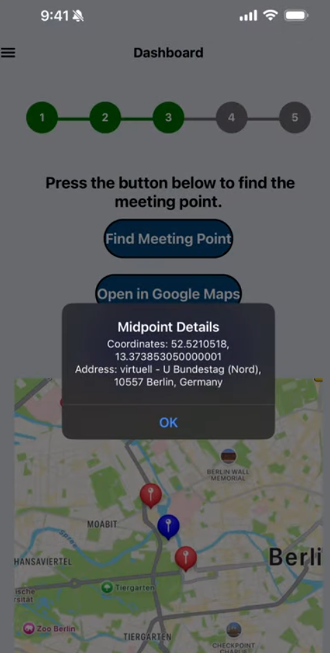 Meet Me Halfway dashboard with midpoint details